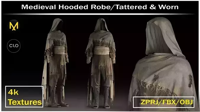 Medieval Hooded Robe Torn and Weathered 3D model