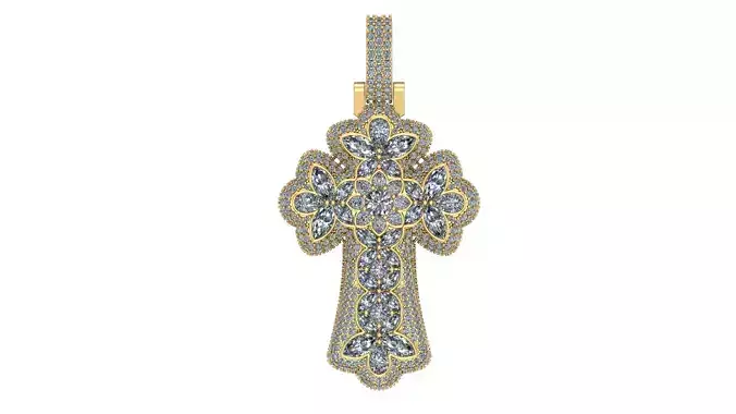 Floral Diamond Cross Pendant - 3D CAD Design