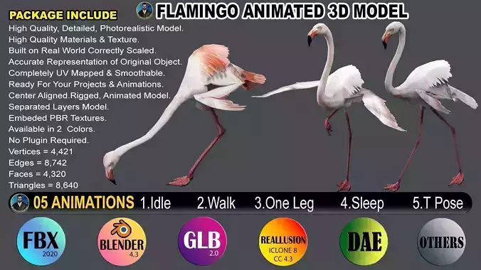 FLAMINGO RIGGED ANIMATED 5 Low-poly 3D model