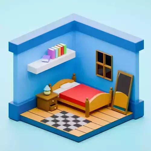 Isometric Cartoon Blue Bedroom