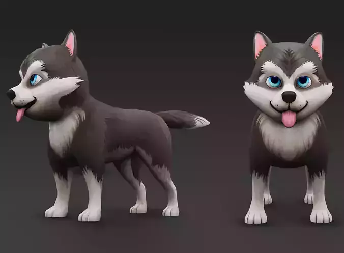 Cute Low Poly Husky Pup  Game-Ready 3D Model