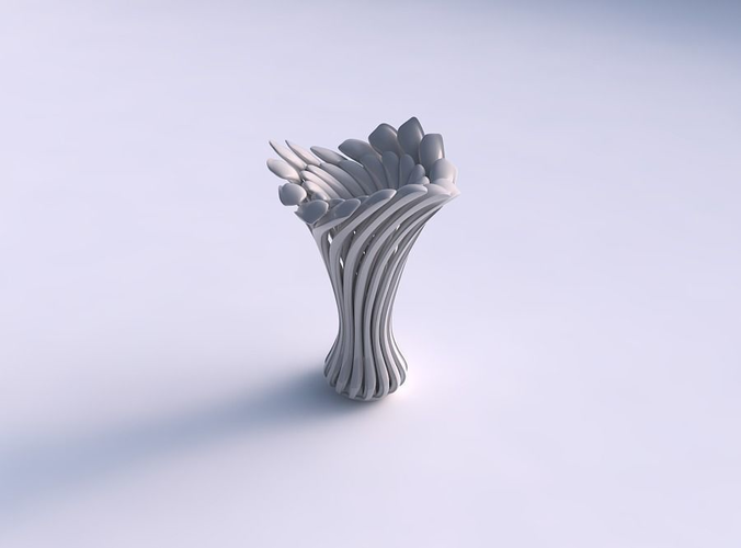 Vase glass shape with beveled muscle structure and soft tips streched and wavy top