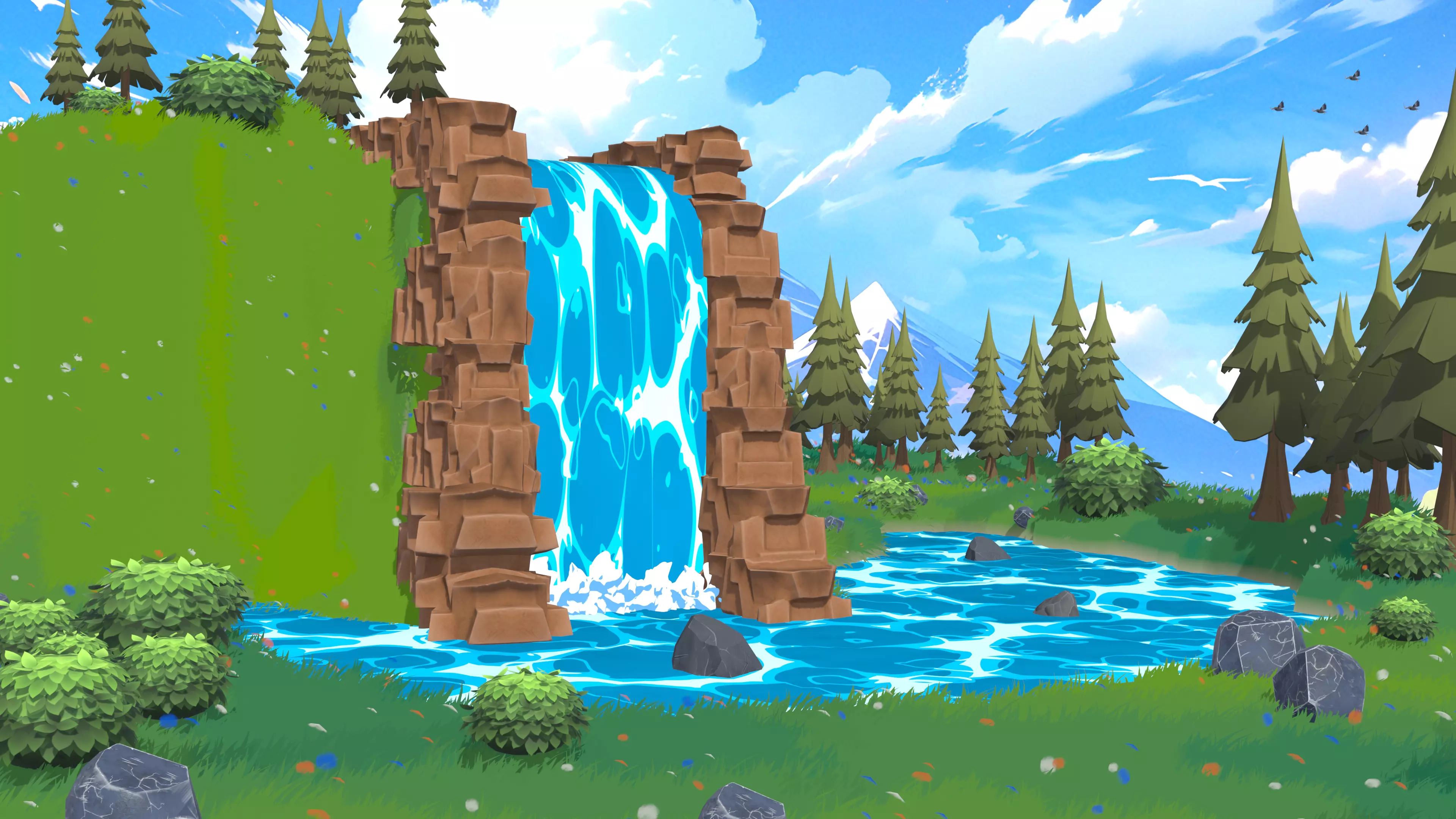 Stylized Waterfall Nature Scene Low-Poly 3D Environment 3D model_0