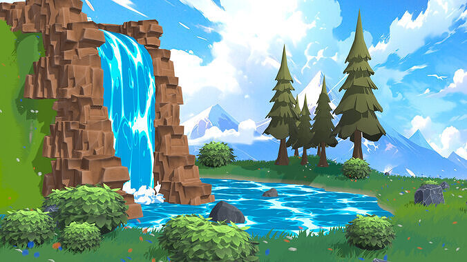 Stylized Waterfall Nature Scene Low-Poly 3D Environment 3D model 3