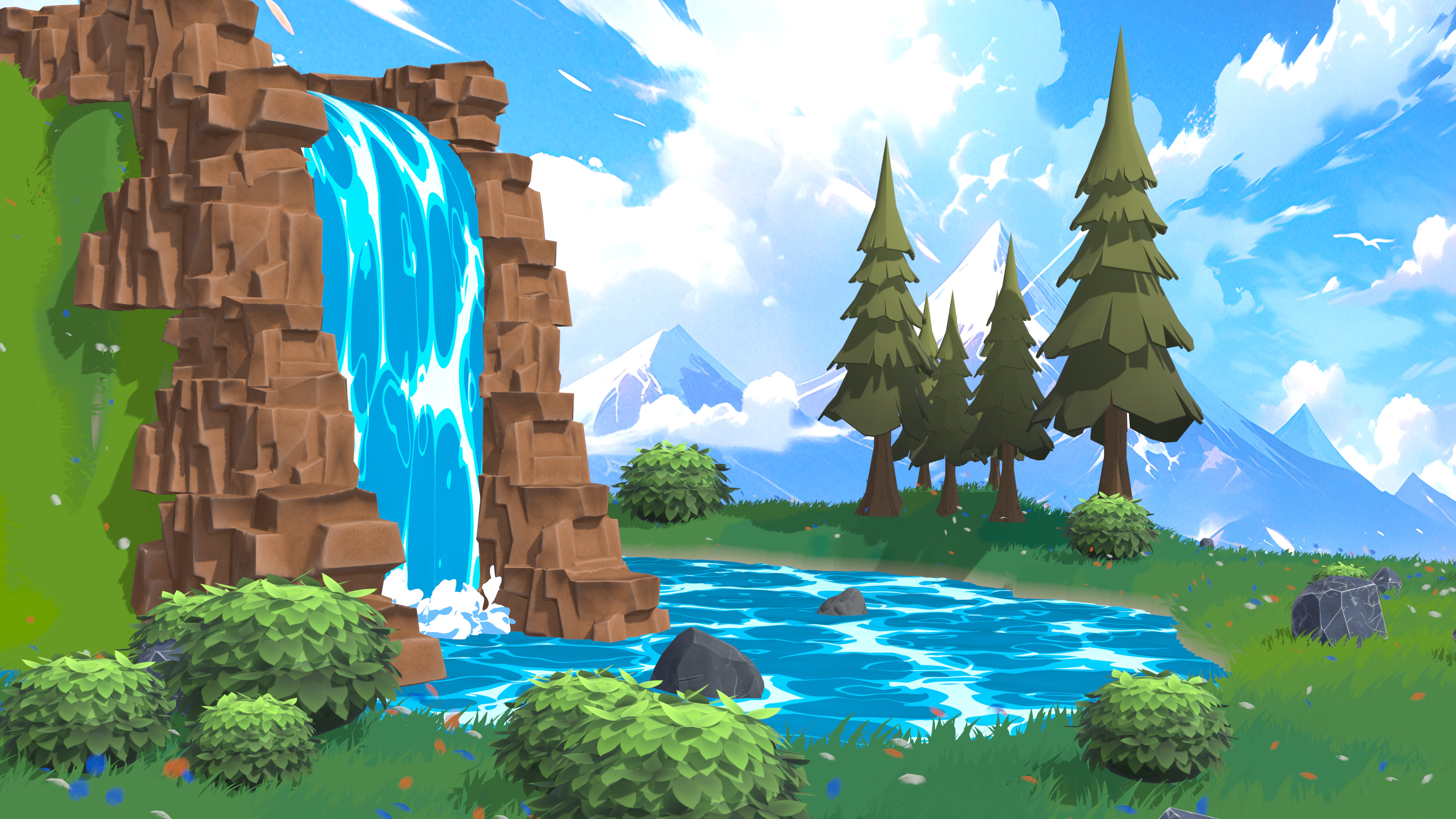 Stylized Waterfall Nature Scene Low-Poly 3D Environment 3D model_2