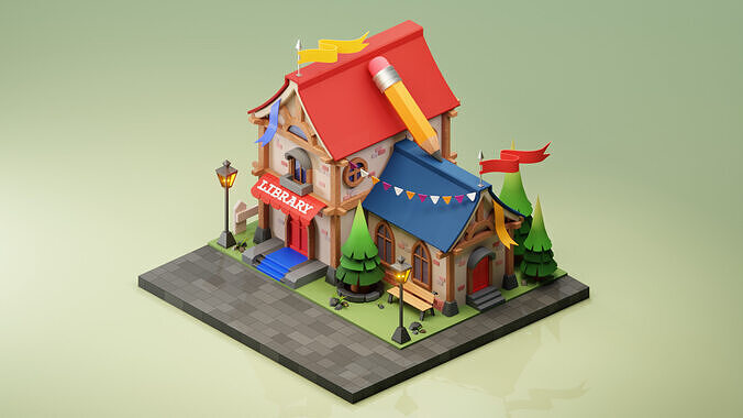Library - Cartoon  Game Isometric Low-poly 3D model 2