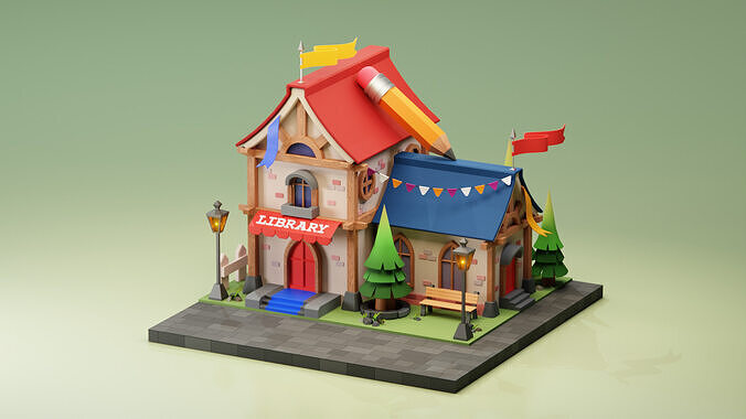 Library - Cartoon  Game Isometric Low-poly 3D model 5
