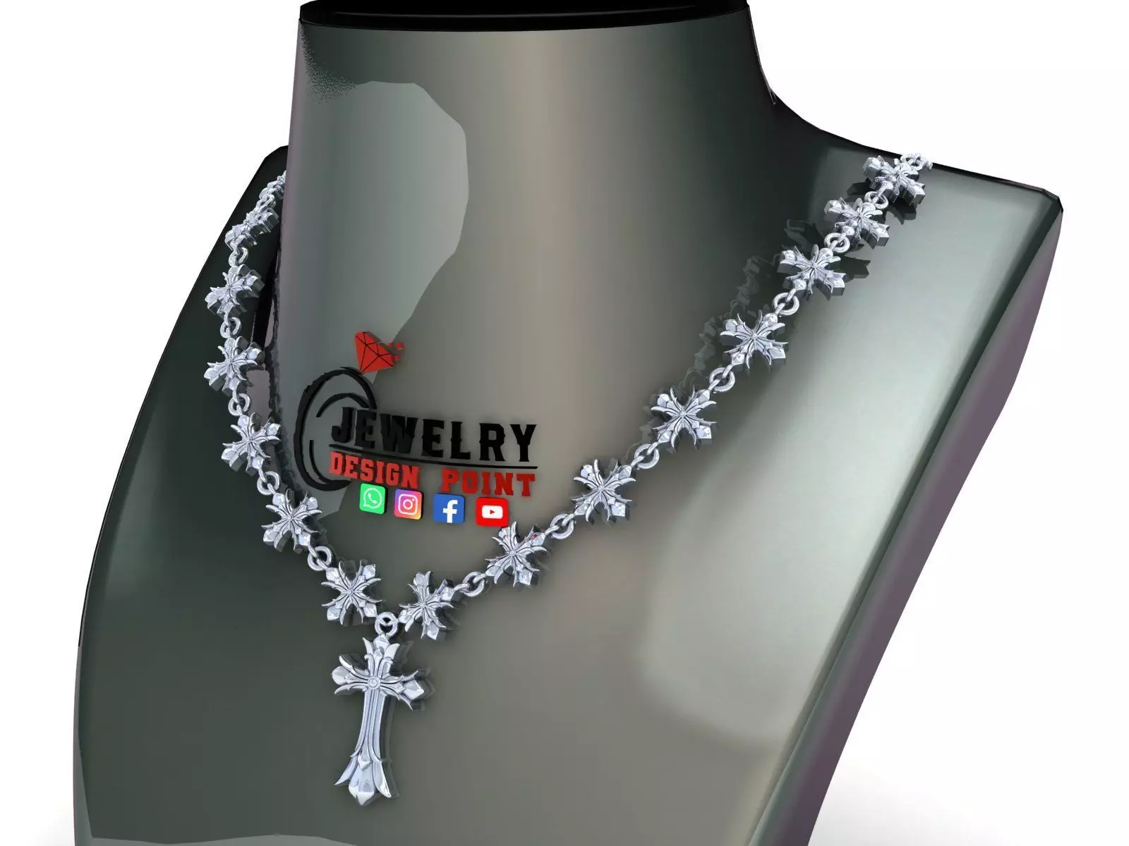 Custom Chrome Heart Chain - Cross Pendant and Chain Link 3D print model_0