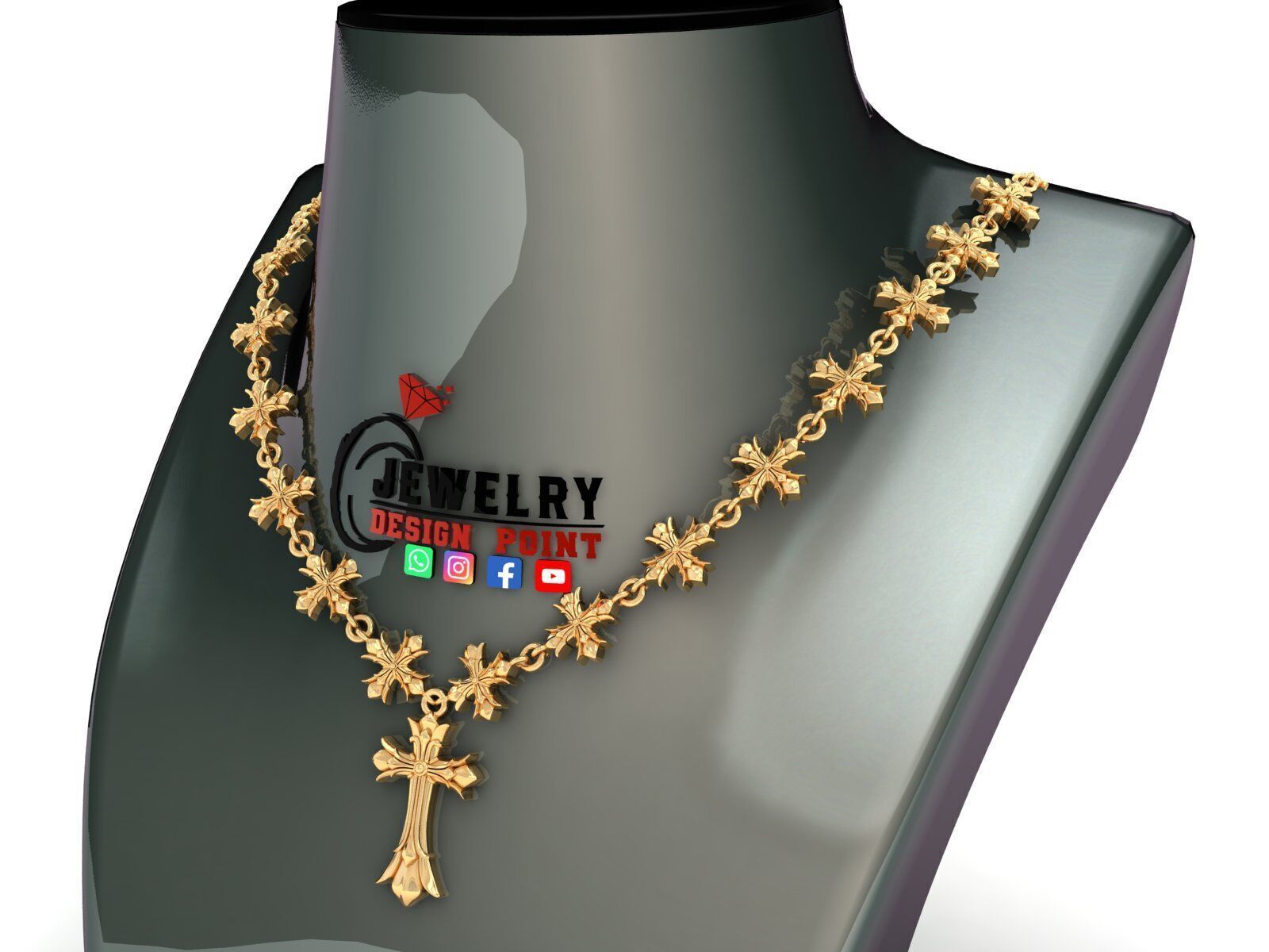 Custom Chrome Heart Chain - Cross Pendant and Chain Link 3D print model_2