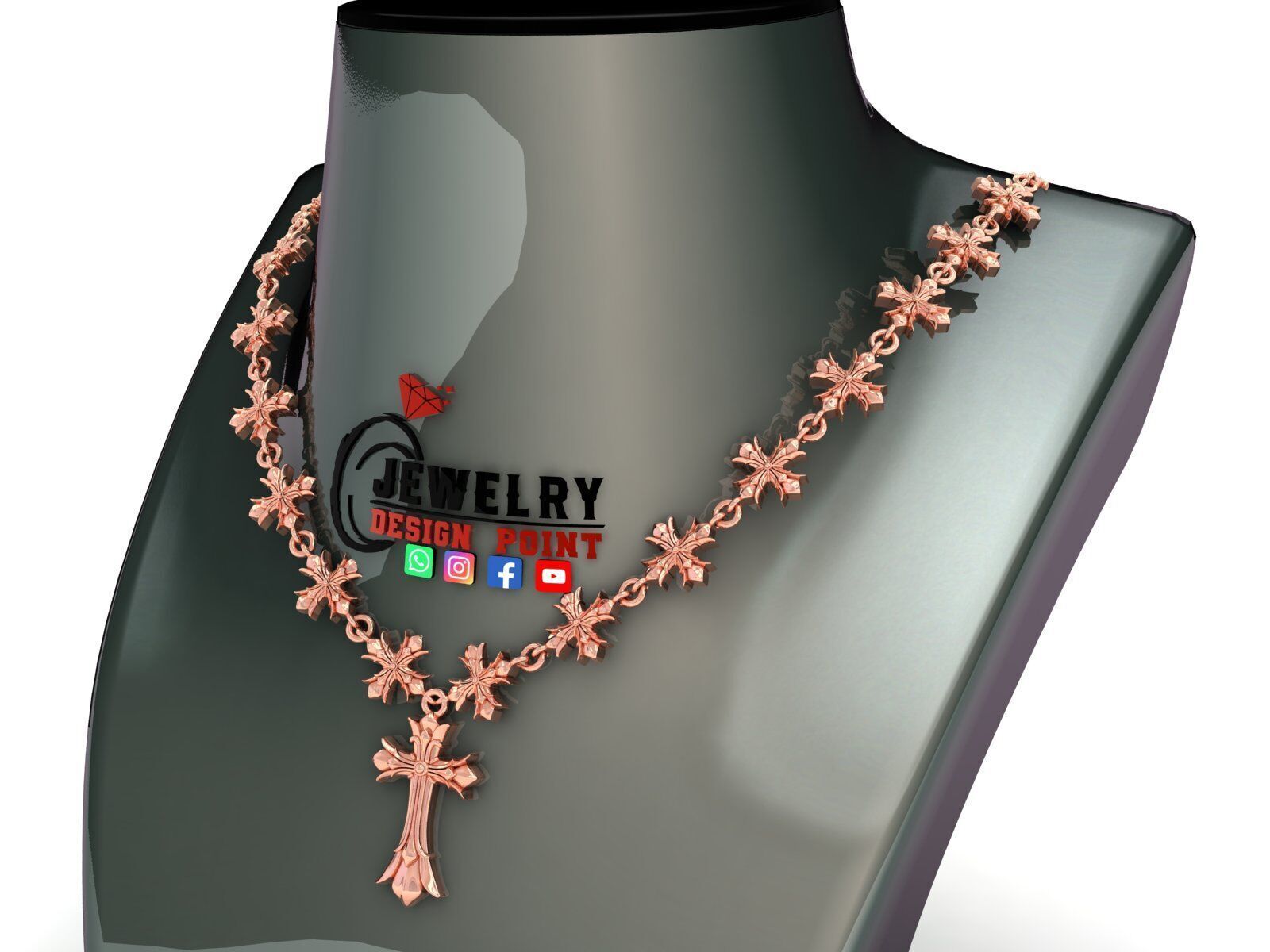 Custom Chrome Heart Chain - Cross Pendant and Chain Link 3D print model_3