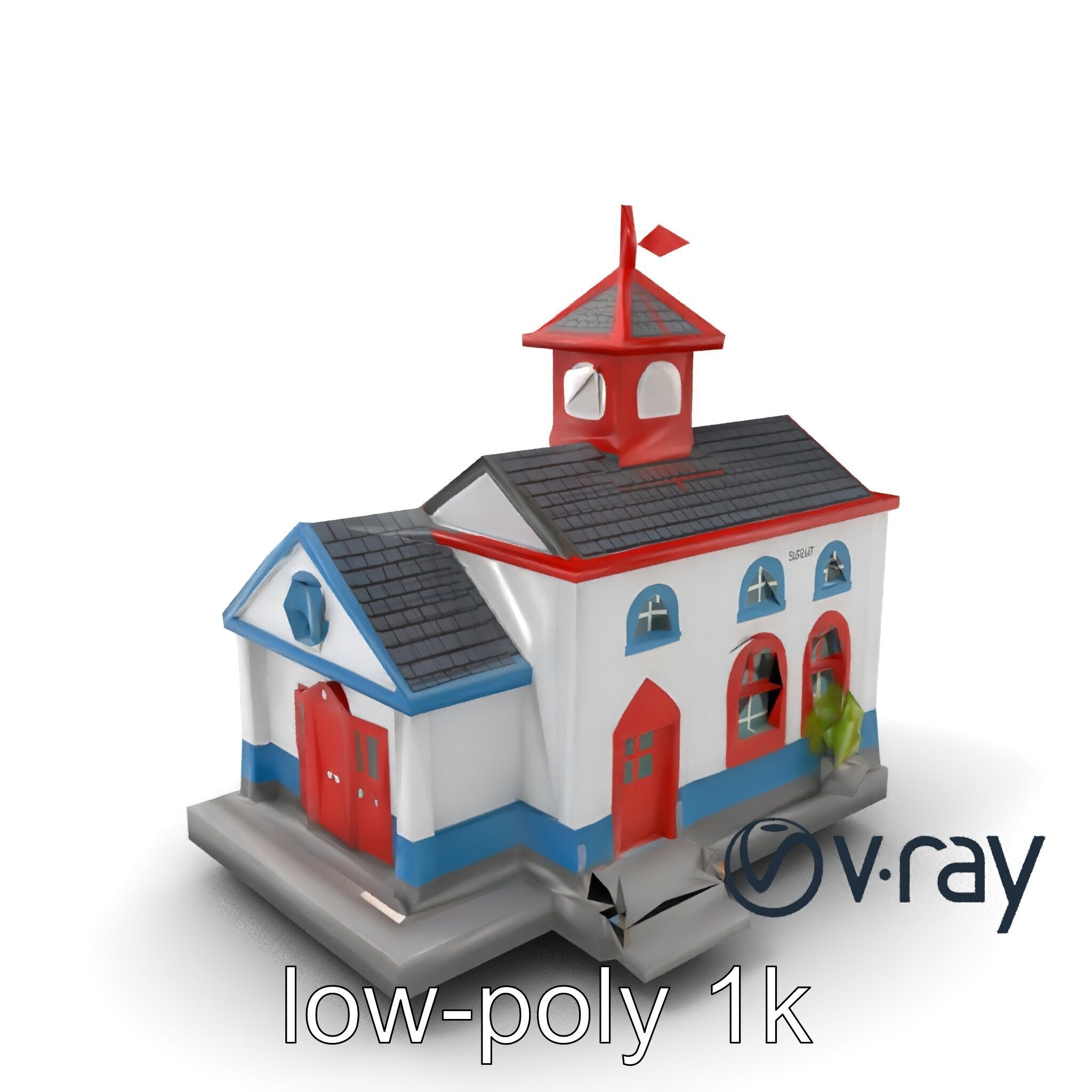 Cartoon School Building with Bell Tower model pack Low-poly 3D model_3