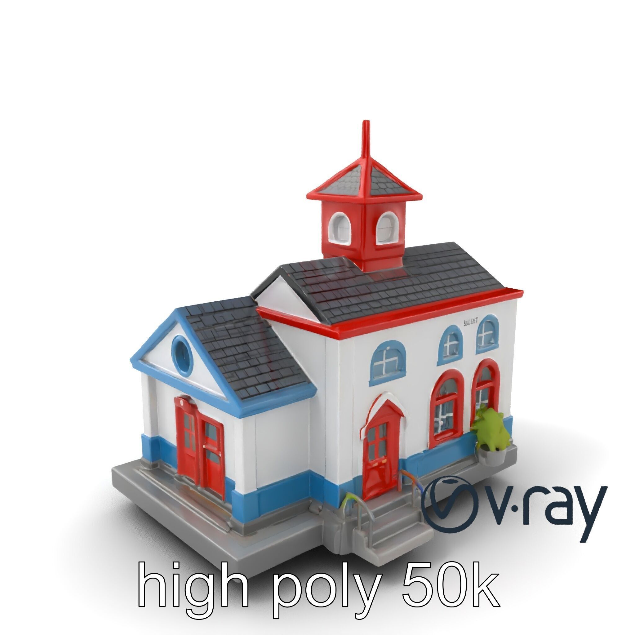 Cartoon School Building with Bell Tower model pack Low-poly 3D model_7