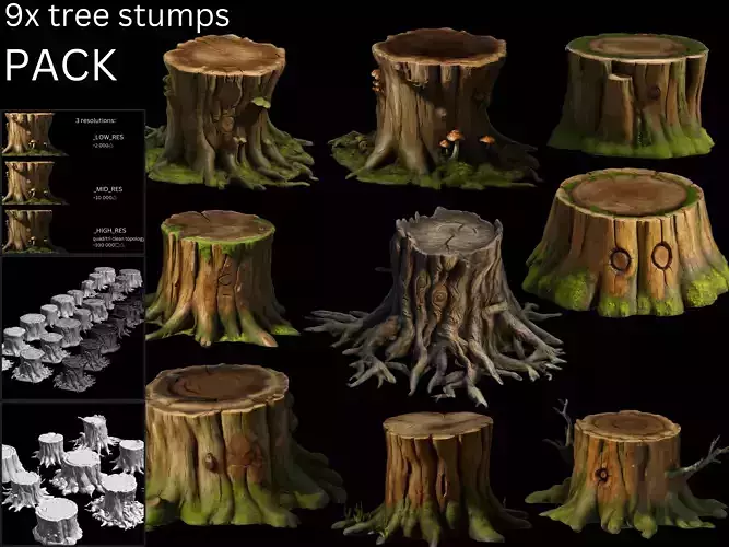 Tree Stumps Pack Low-poly 3D model
