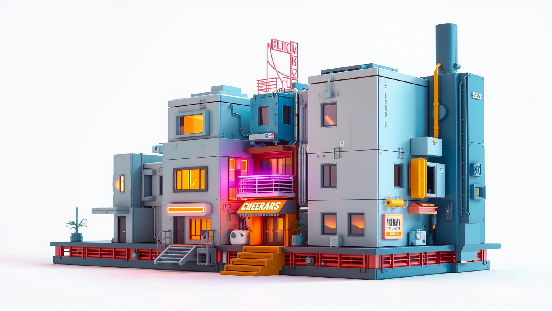 Cyberpunk City Block Neon Asymmetric Shapes model pack Low-poly 3D model_4