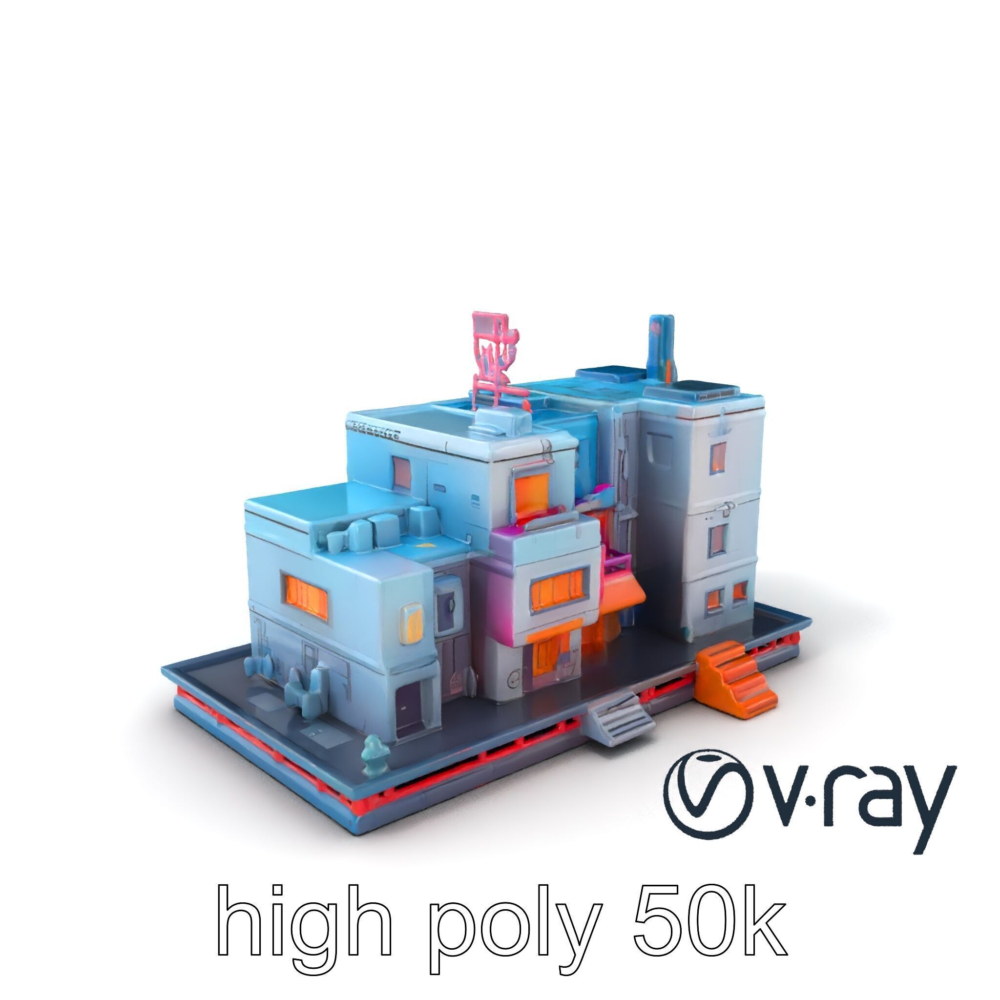 Cyberpunk City Block Neon Asymmetric Shapes model pack Low-poly 3D model_7