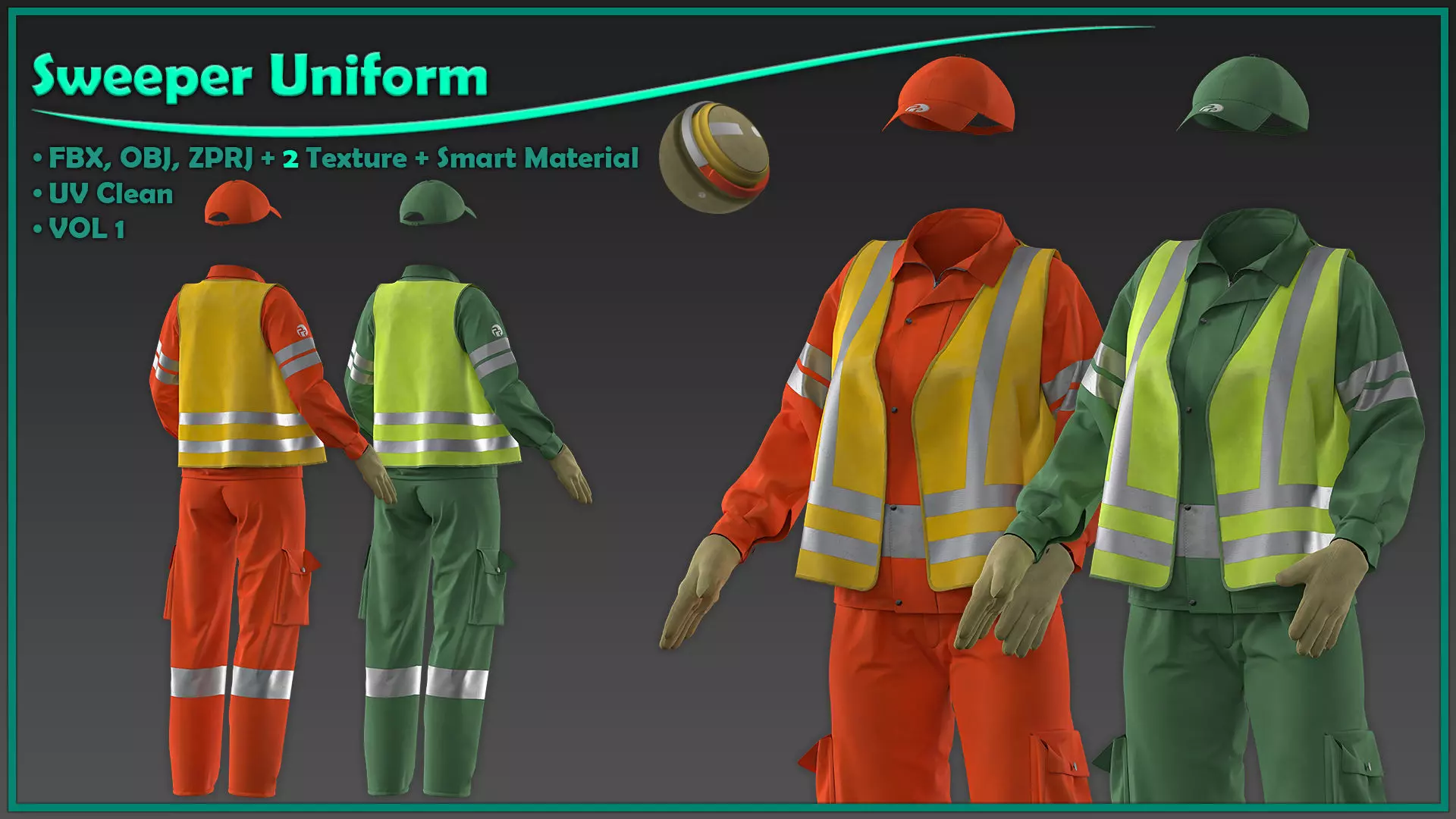 female street sweeper uniform with 2texture and smart material 3D model_0