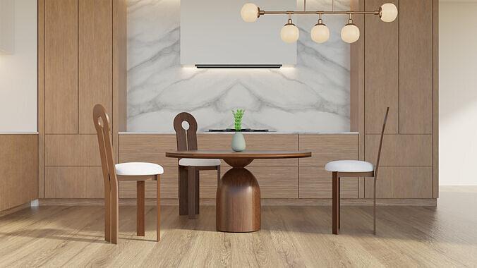 Modern Round Wooden Dining Table with Chairs - PBR 3D Model Low-poly 3D model
