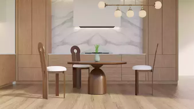 Modern Round Wooden Dining Table with Chairs - PBR 3D Model