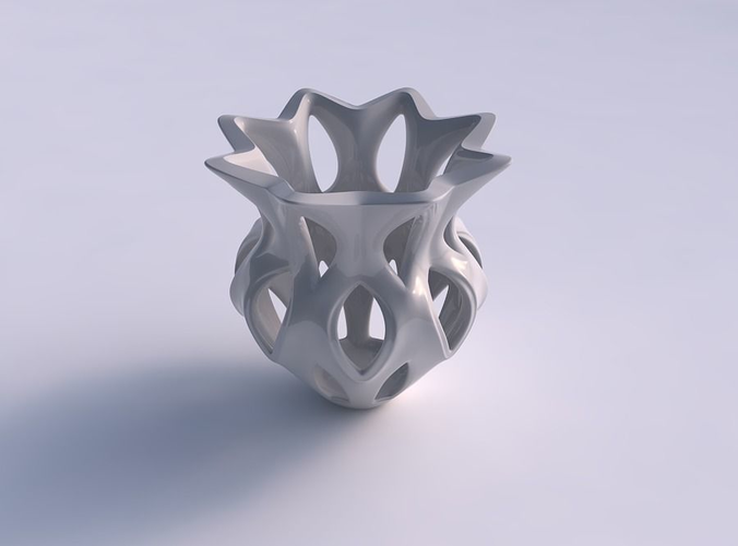 Vase curved with smooth cuts and flower shaped top squeezed