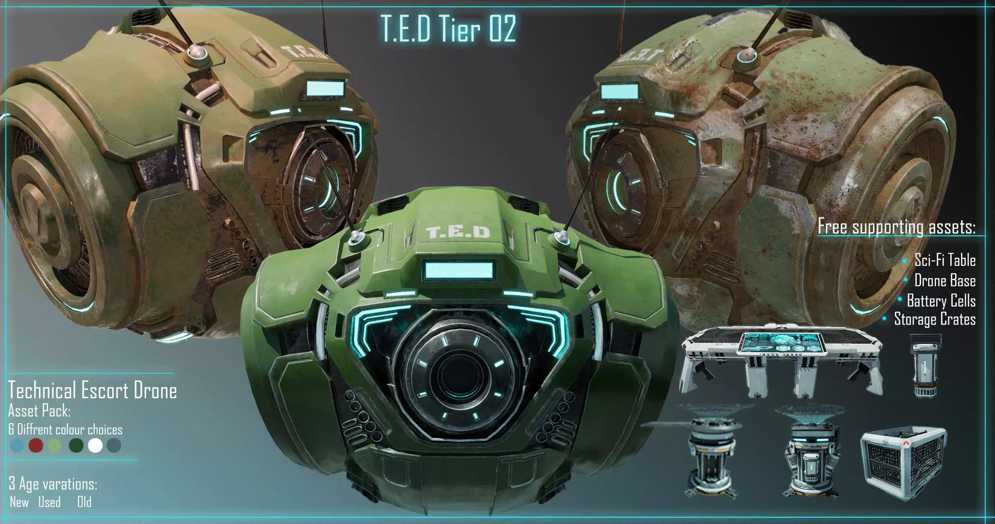 Technical Escort Drone Tier 2 T-E-D Sci-Fi Asset Pack  Low-poly 3D model_0