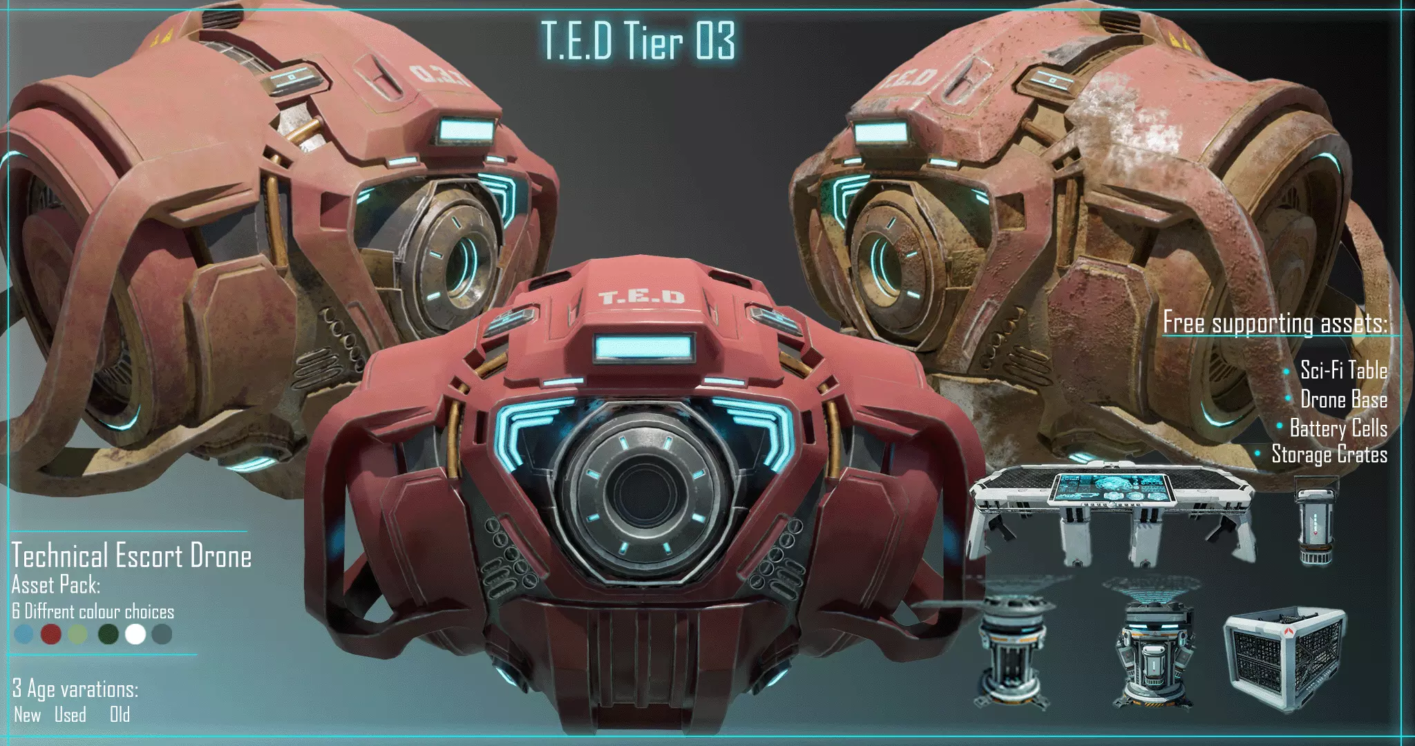 Technical Escort Drone Tier 3 T-E-D Sci-Fi Asset Pack Low-poly 3D model_0