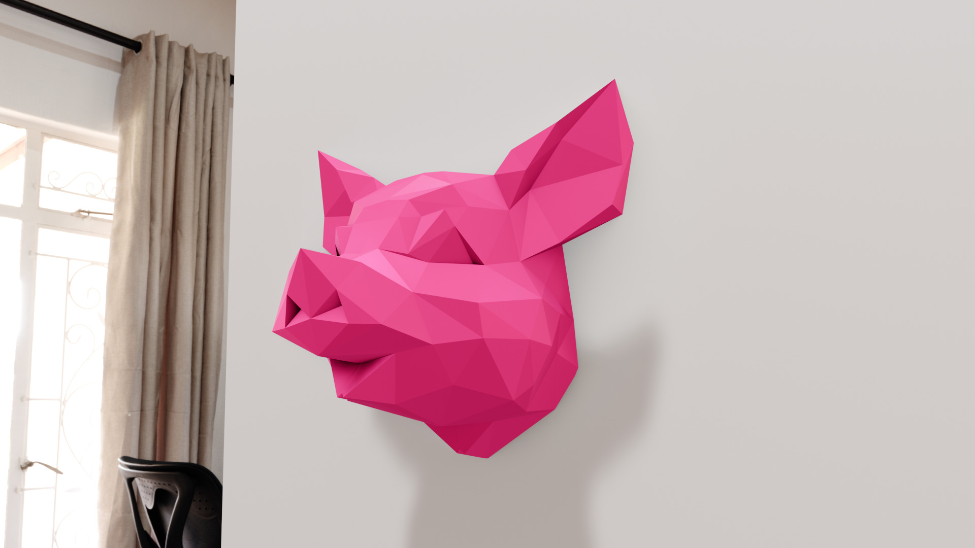Pig head low poly wall mount STL 3D print model_1