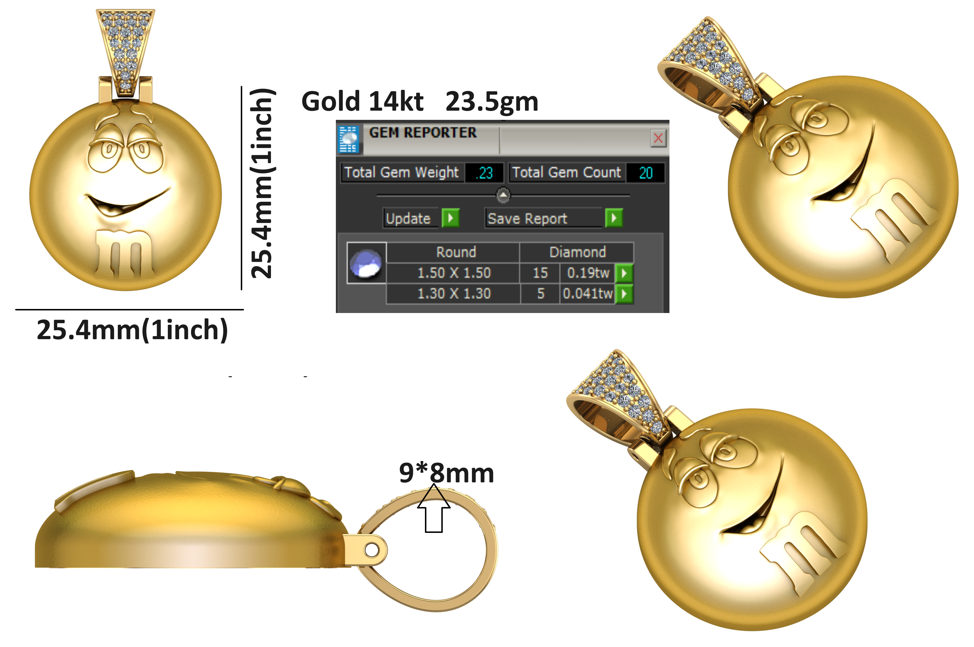 M M Inspired Pendant 14K Gold Custom Design 3D print model_3