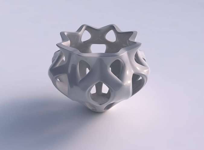 Vase curved wide with smooth cuts and flower shaped top squeezed