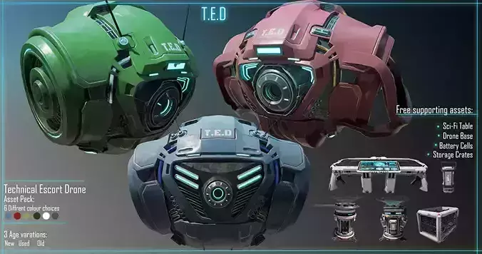 Technical Escort Drone All Tiers T-E-D Sci-Fi Asset Pack Low-poly 3D model