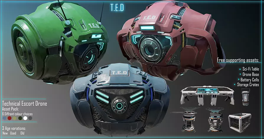 Technical Escort Drone All Tiers T-E-D Sci-Fi Asset Pack Low-poly 3D model_0
