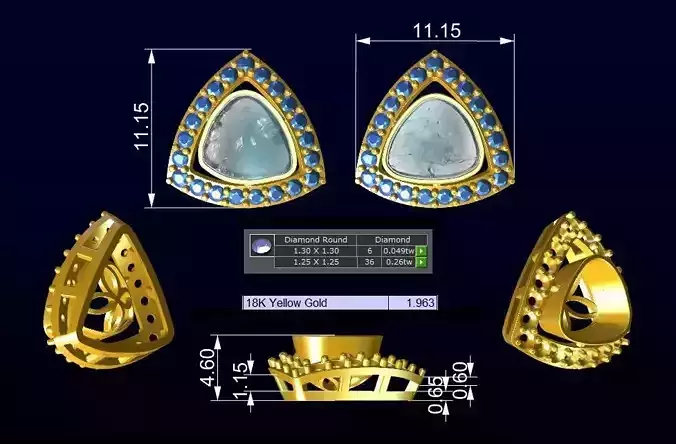 Polki Diamond Earring - Gold Cluster Tops No3 3D print model