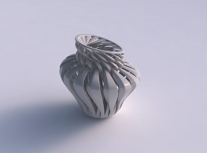 Vase curved twisted with sharp muscle structure and intertwining in neck squeezed with streched top corner