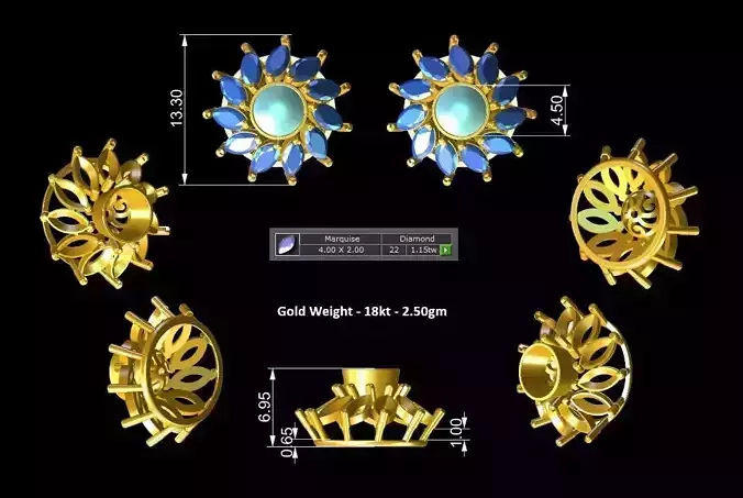 Polki Diamond Earring - Gold Cluster Tops No10 3D print model