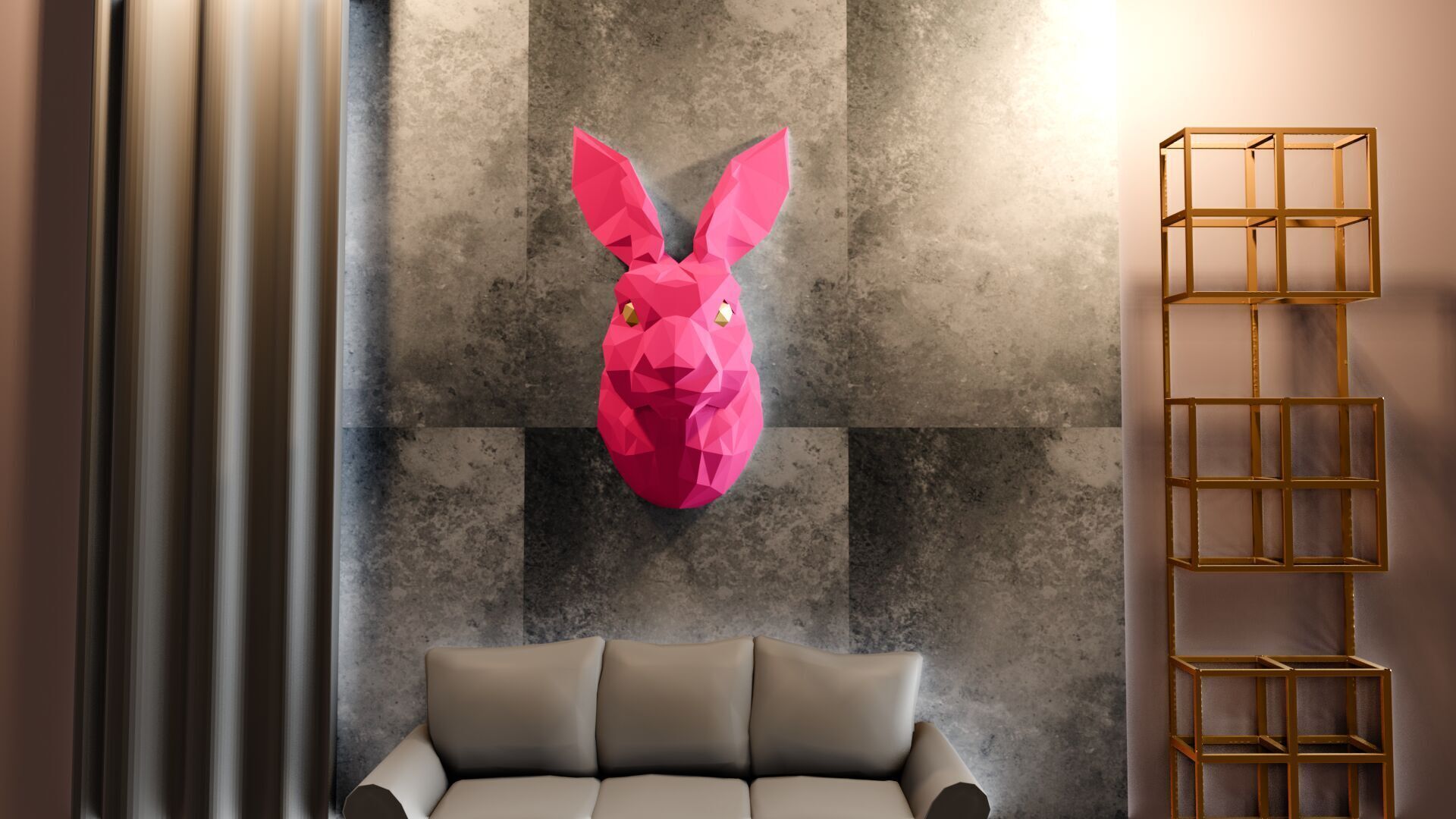 Rabbit head wall mount low poly geometrical STL 3D print model_2
