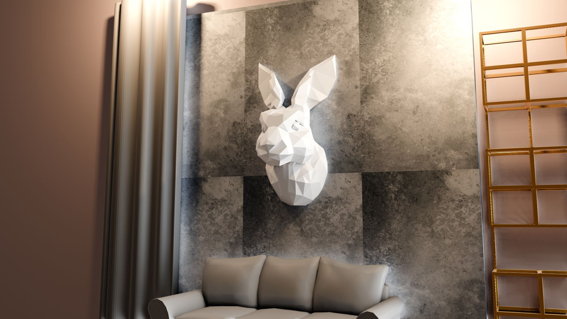 Rabbit head wall mount low poly geometrical STL 3D print model_7