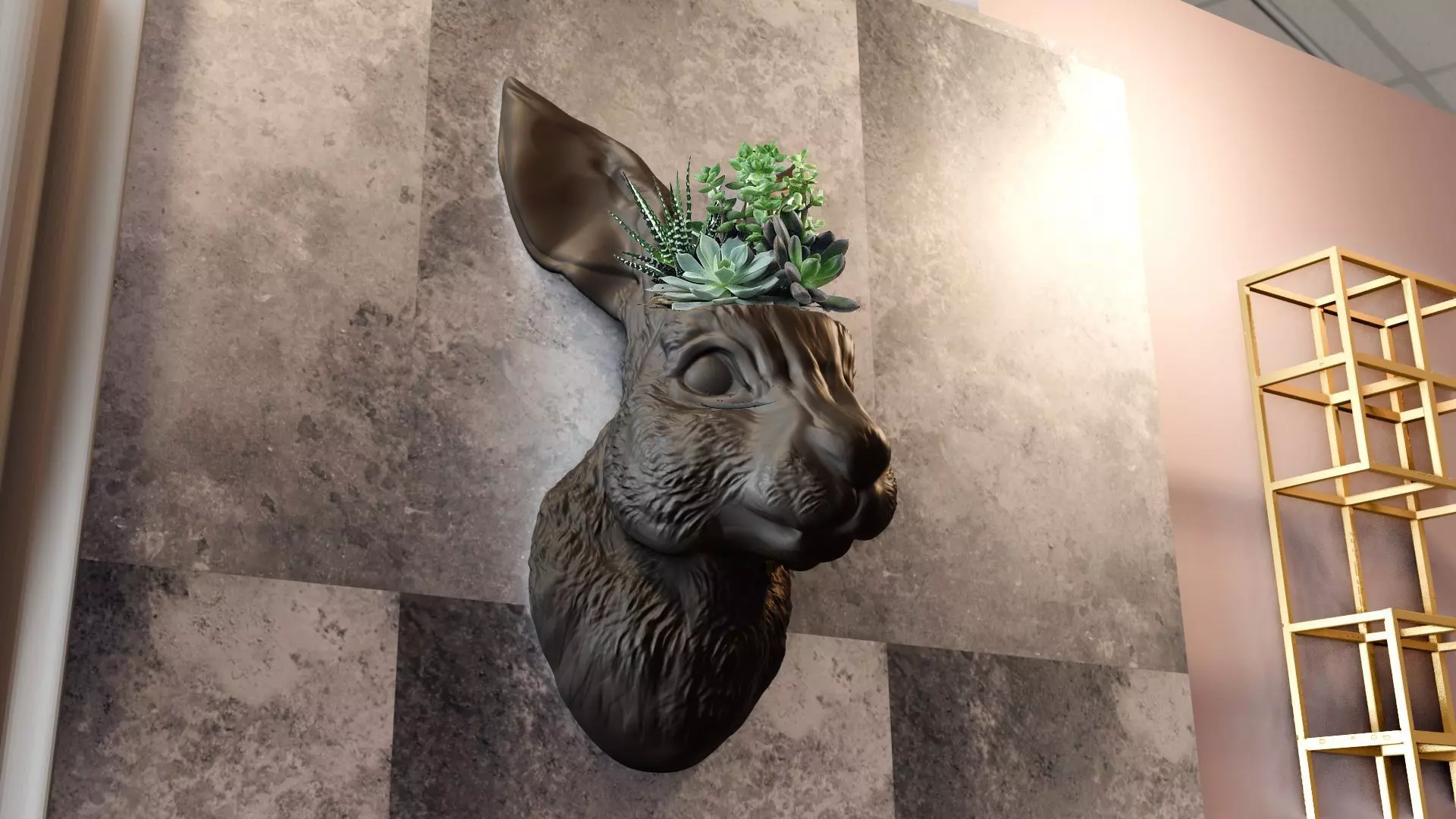 Rabbit head wall mount planter succulent pot flower vase STL 3D print model_0