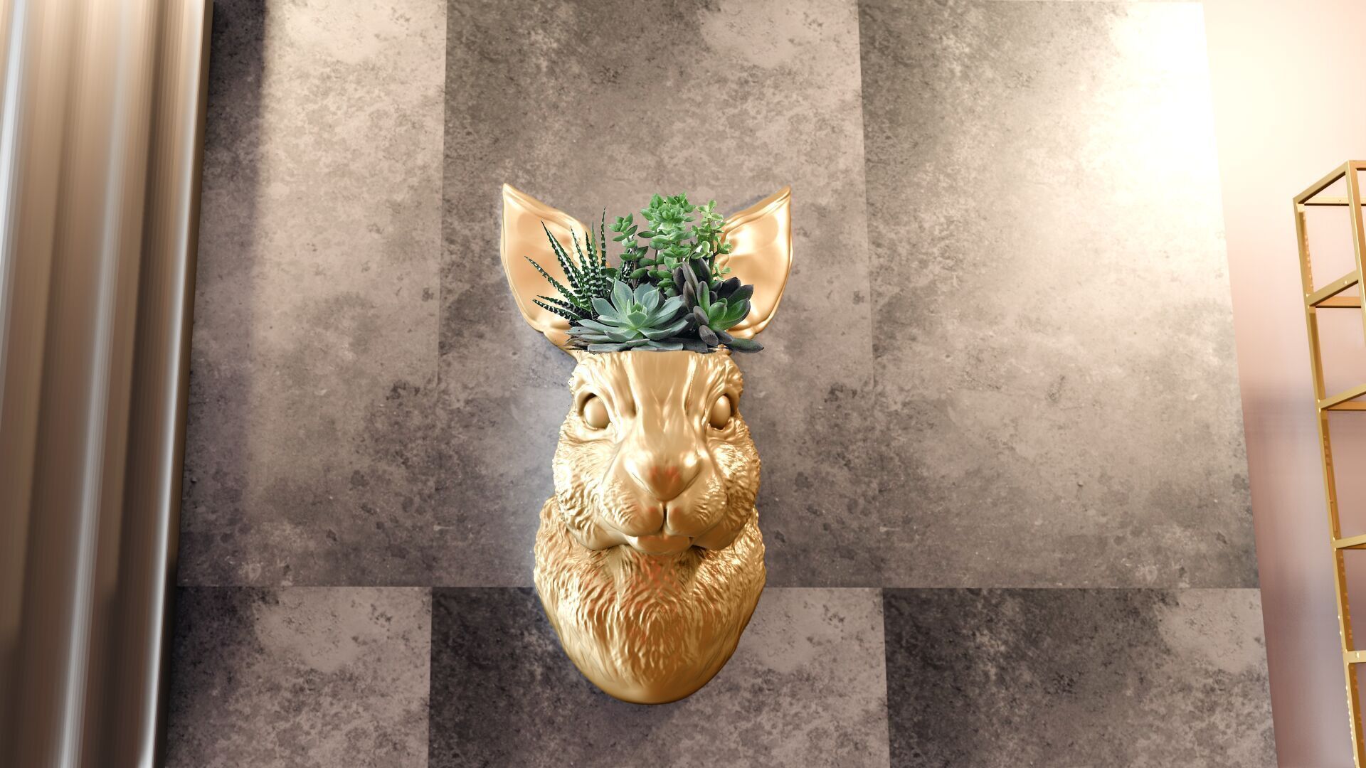 Rabbit head wall mount planter succulent pot flower vase STL 3D print model_3