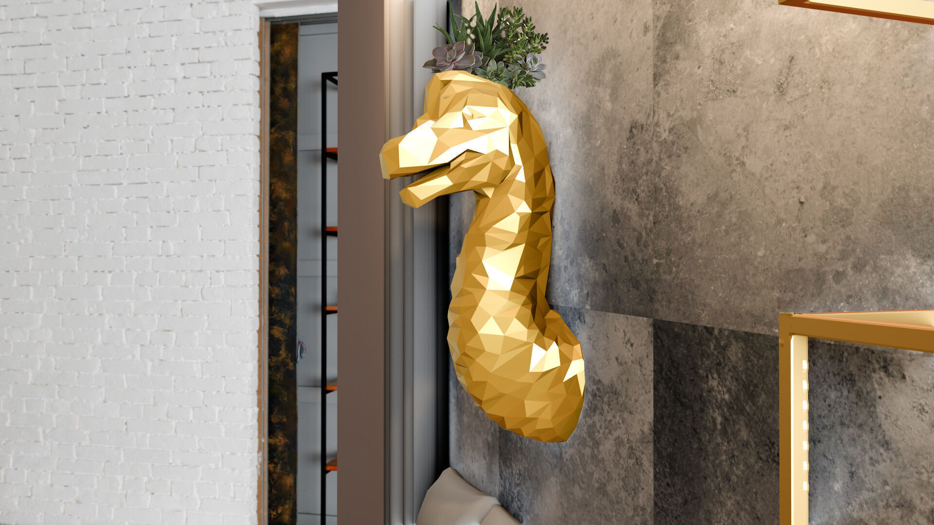 brontosaurus brachiosaurus lowpolygeometrical head wallmount STL 3D print model_3