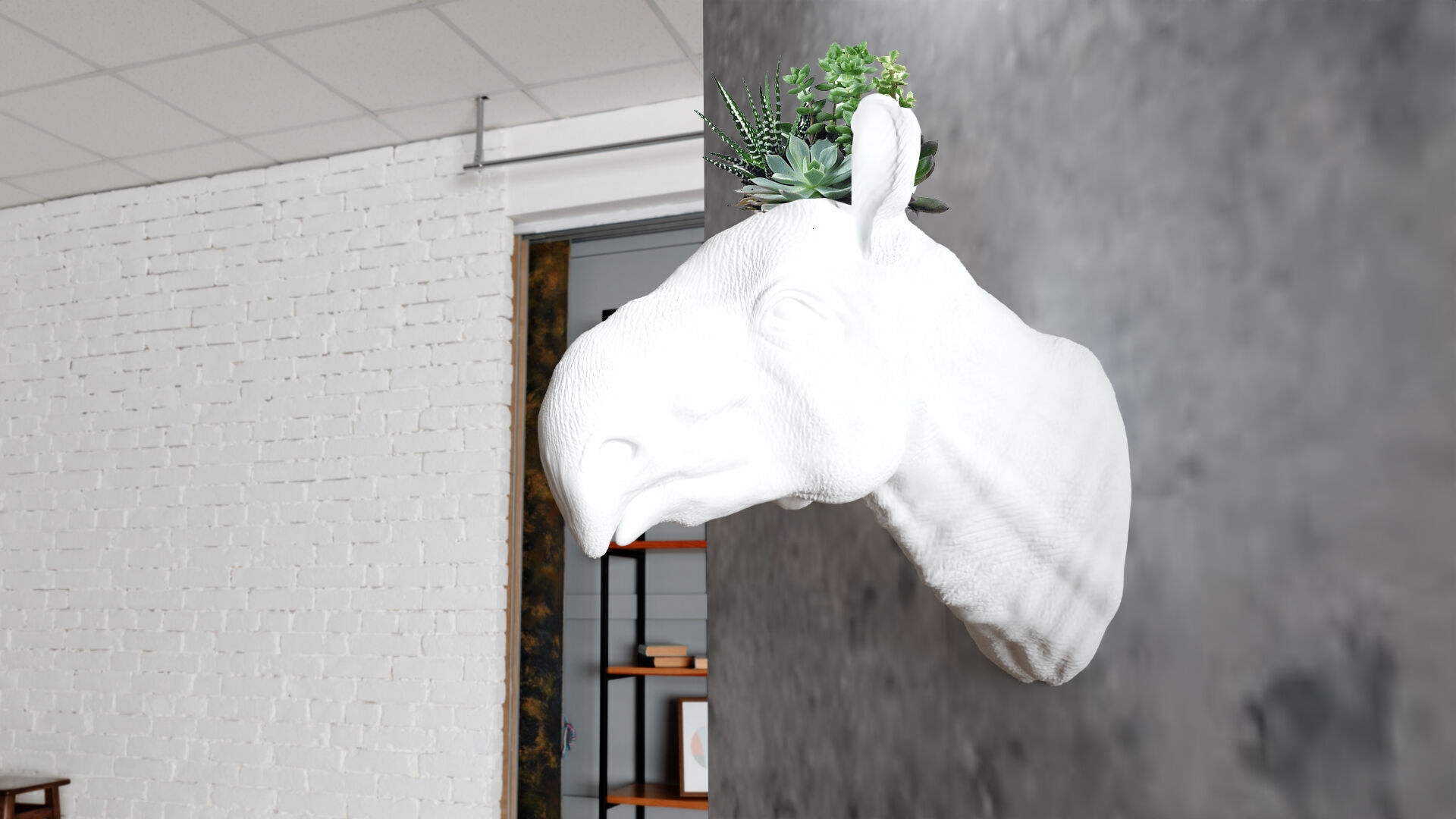 Paraceratherium prehistoric head wallmount planter pot STL 3D print model_1