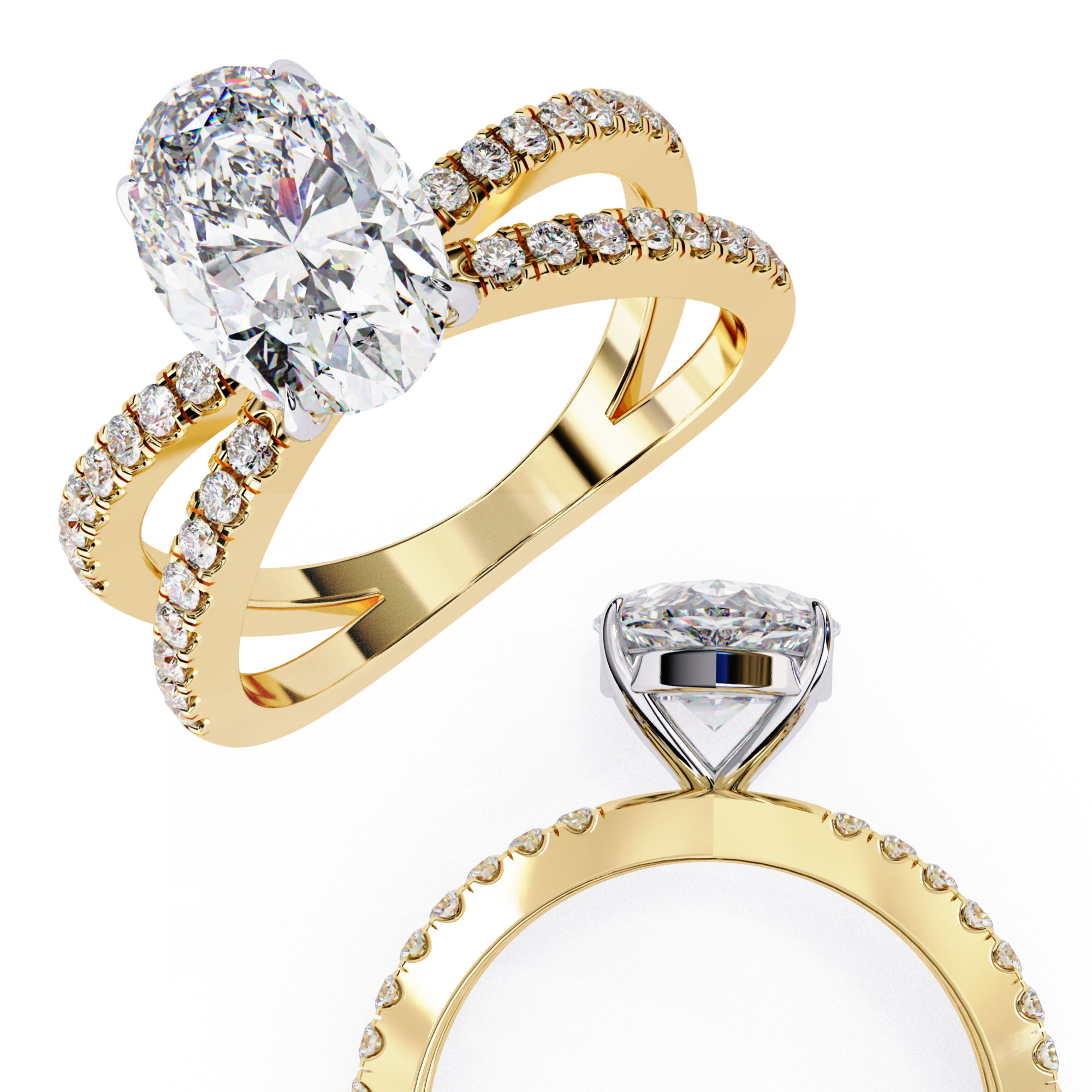 Dual Wire Solitaire Diamond Ring 360 animation renders 3dm stl 3D print model_2