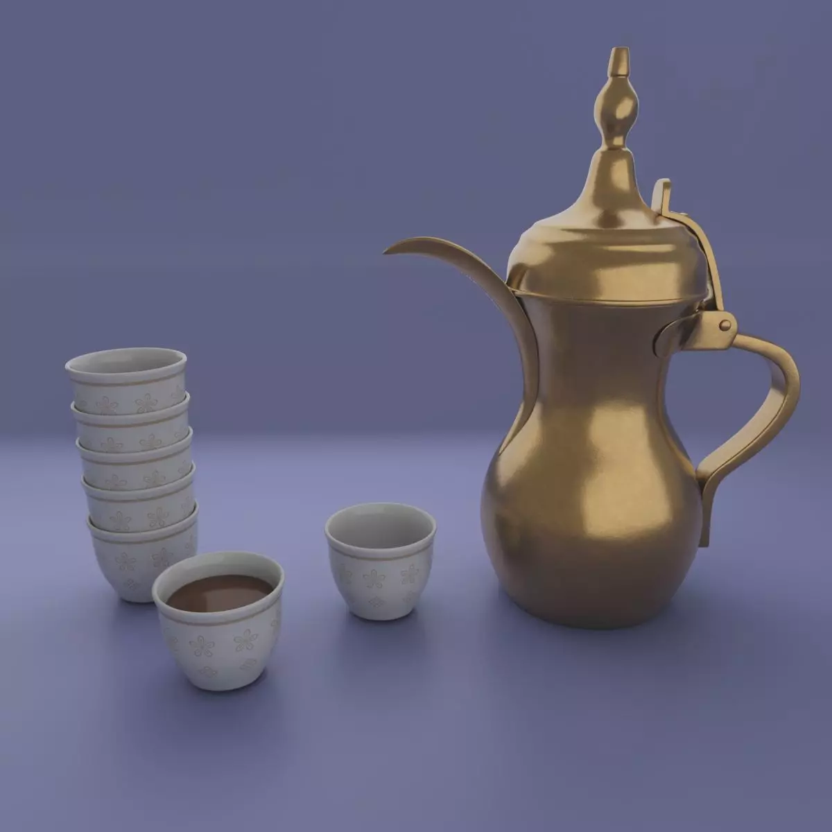 Dallah golden Arabic coffee pot and Finjan cups 3D model