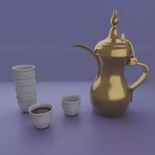 Dallah  golden Arabic coffee pot and Finjan cups