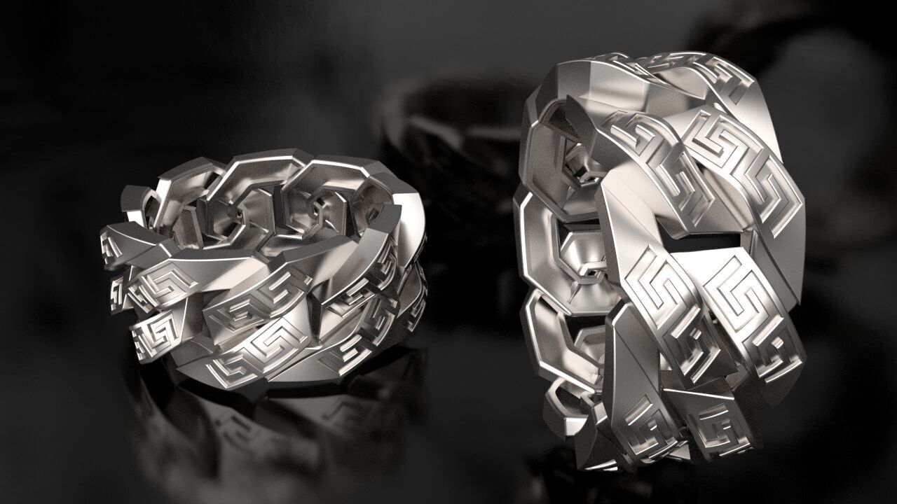 Greek Key Pattern Cuban Link Chain Ring 10mm wide 3D print model_1