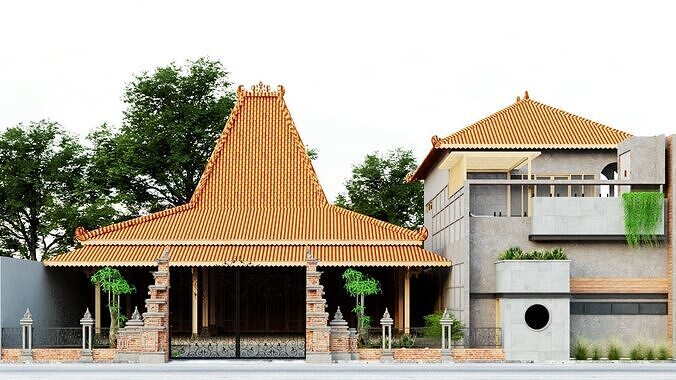 Joglo Minimalist Japanese House Open Space Green Living Low-poly 3D model 2