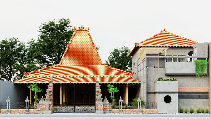 Joglo Minimalist Japanese House Open Space Green Living Low-poly 3D model 4