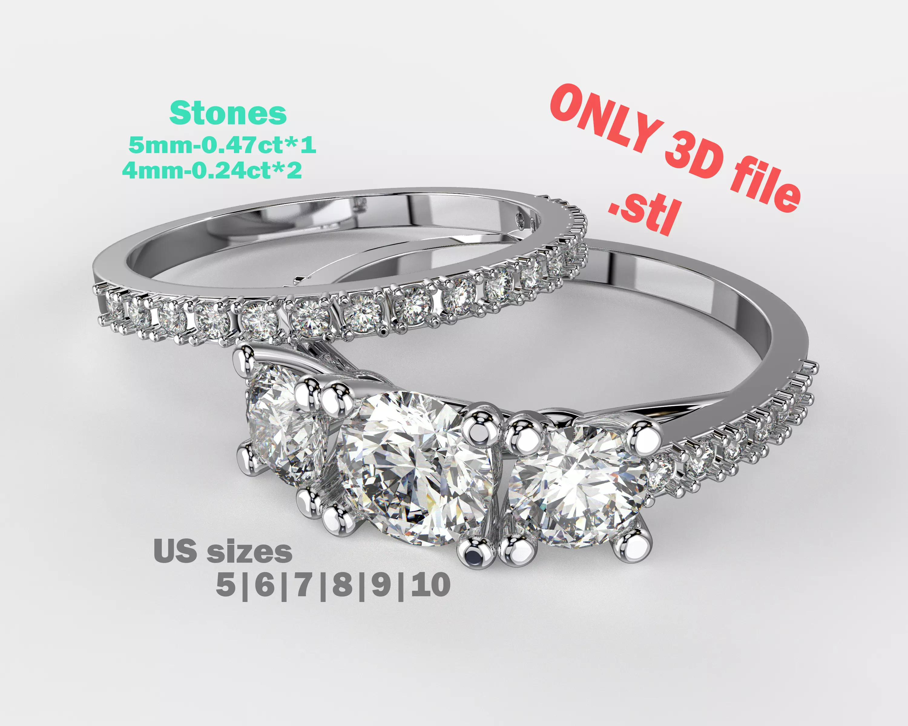 Engagement double ring THREE STONES -STL printable 3D print model