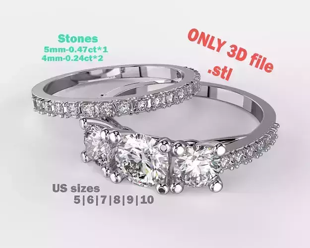 Engagement double ring THREE STONES -STL printable 3D print model