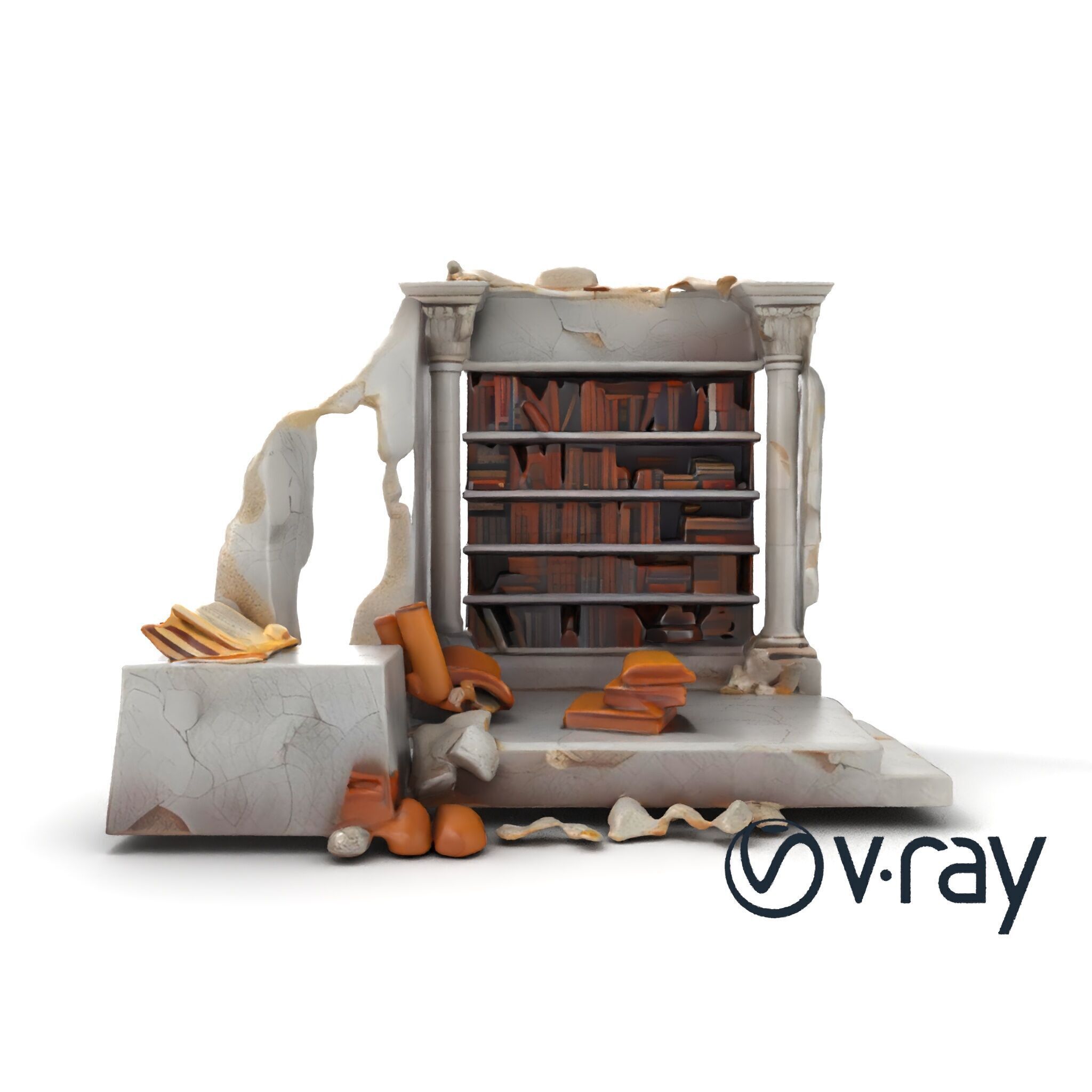 Eroded Library Collapse Environmental Scene model pack Low-poly 3D model_22