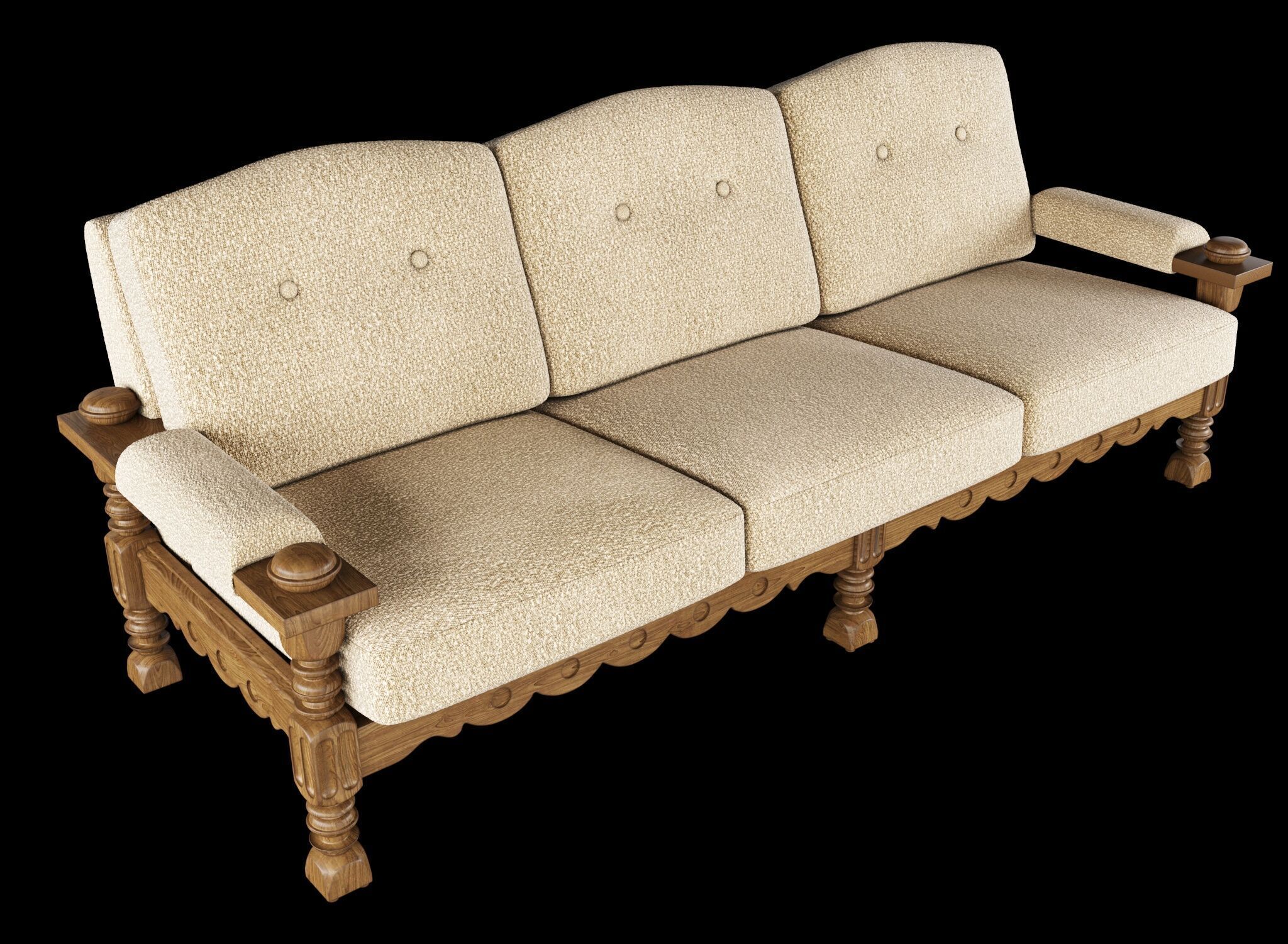 Three Seater Sofa with Carved Oak Frame 3D model_1