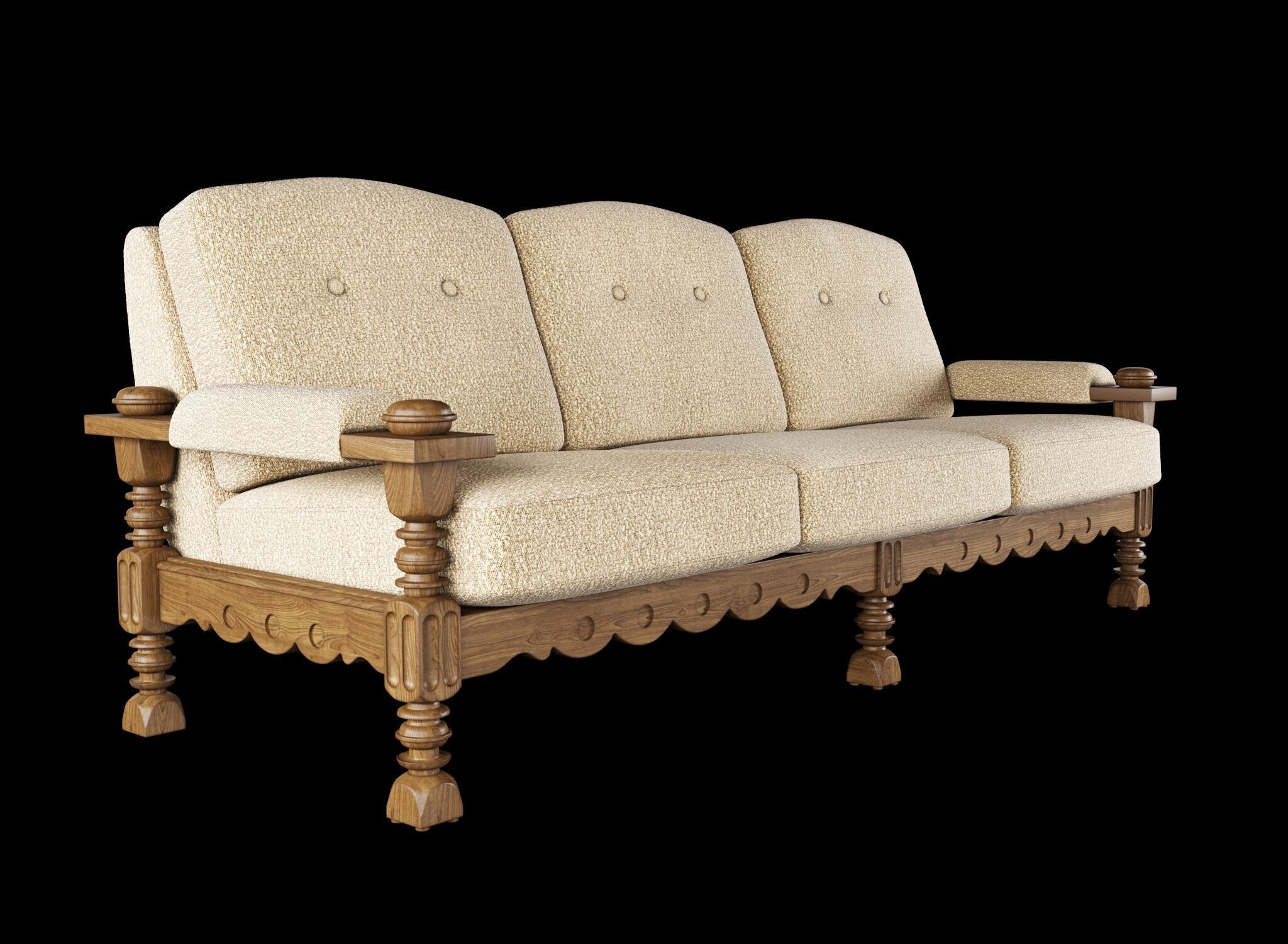 Three Seater Sofa with Carved Oak Frame 3D model_3